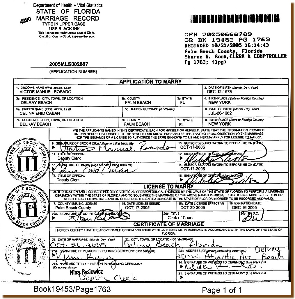 CERTIFICATO DI MATRIMONIO - CABAN Celina Enid & ROSADO Victor Manuel - 20 ottobre 2005 